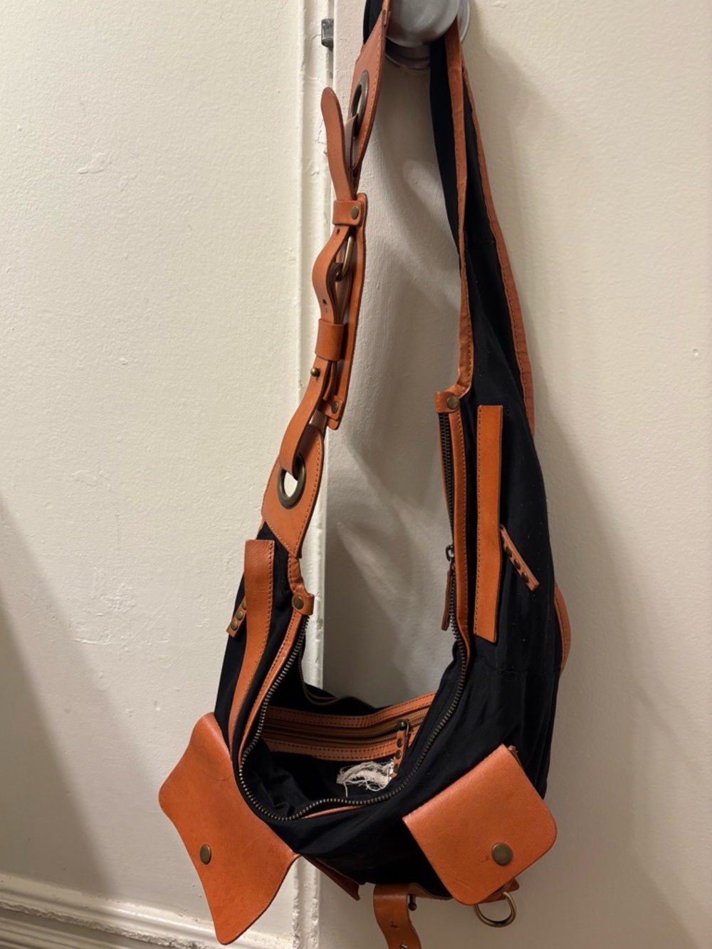 Free People Navy Blue Crossbody Bag with Tan Leather Trim - Picture 2 of 6